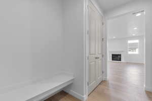Mudroom featuring a glass covered fireplace, light wood-style floors, and recessed lighting
