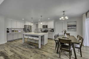 Kitchen with a breakfast bar area, a chandelier, stainless steel appliances, a center island with sink, and light wood finished floors