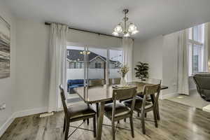 Dining area featuring suspended lighting and light wood-style flooring