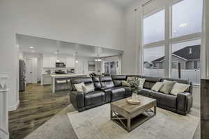 Living room with suspended lighting, wood finished floors, and a high ceiling