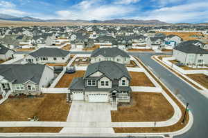 Aerial view of residential area with mountains