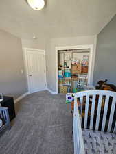 Carpeted bedroom with a closet and a textured ceiling