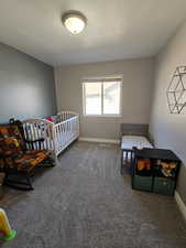 Bedroom featuring carpet, a textured ceiling, and a nursery area