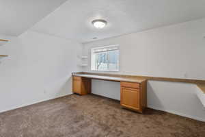 Dedicated office in basement featuring built-in desk