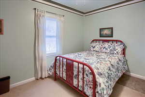 Bedroom with light carpet and crown molding