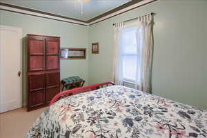 Bedroom with crown molding and light carpet