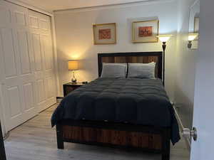 Bedroom featuring light wood-style flooring, a closet, and a textured ceiling