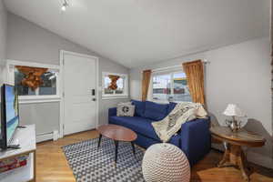 Living area featuring light wood finished floors, lofted ceiling, and a baseboard radiator
