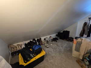Additional storage space featuring lofted ceiling and carpet flooring