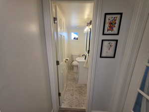 Hall bathroom with toilet and a sink