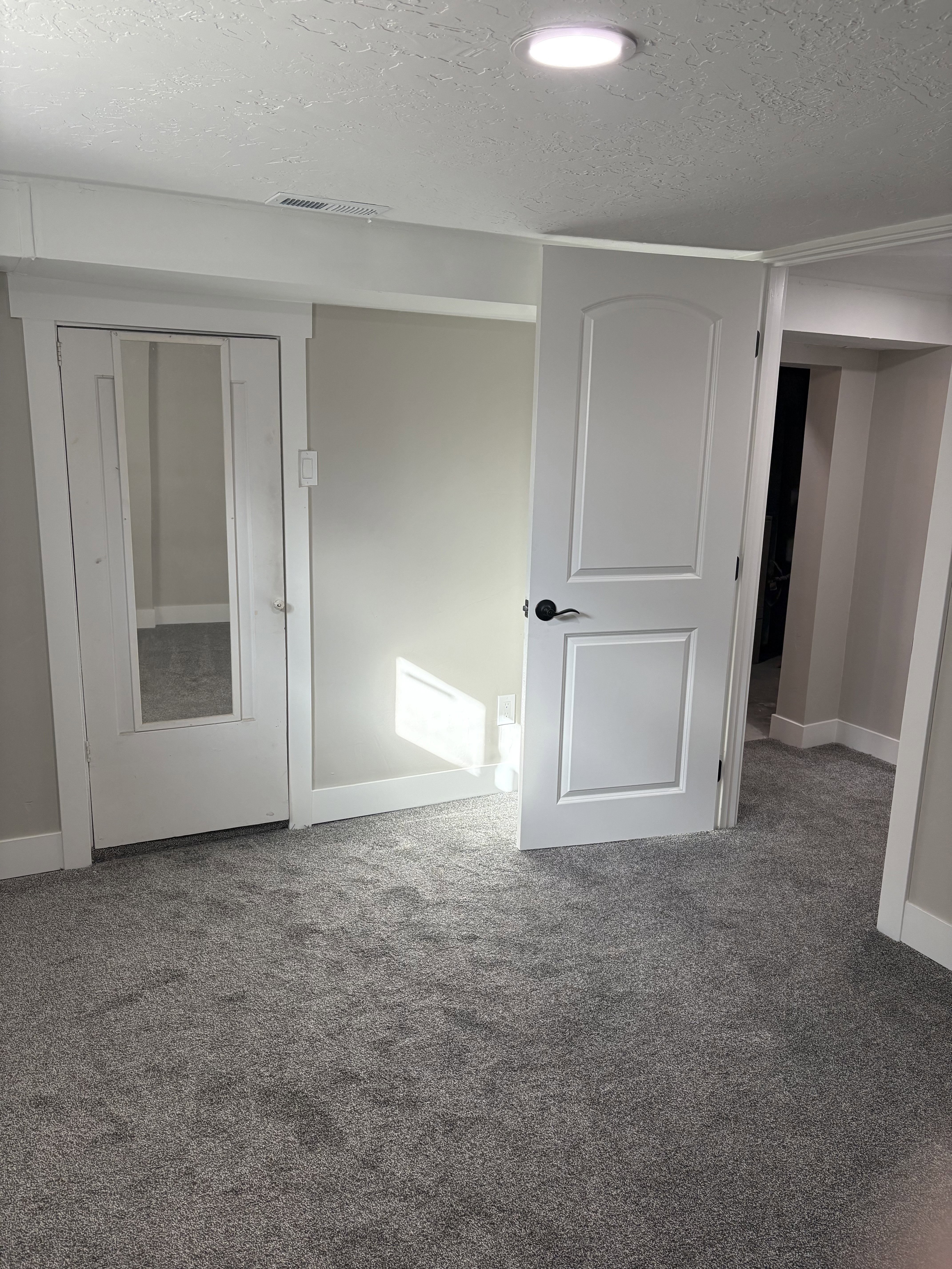 Bedroom 4 closet light grey carpet floors and a textured ceiling