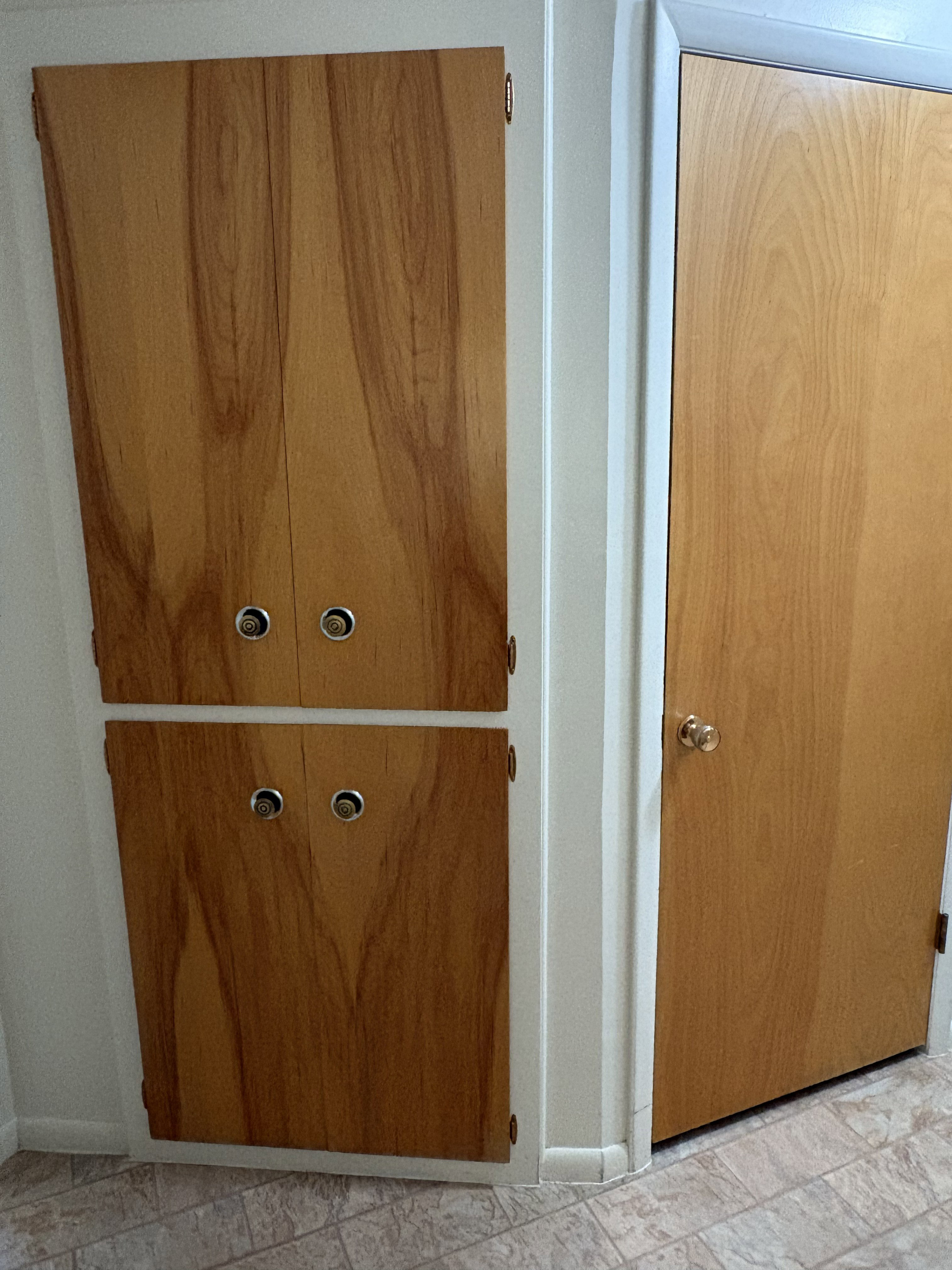 Built-in wood-finish cabinetry featuring chrome ring pulls and a wood-finish door, complemented by patterned flooring