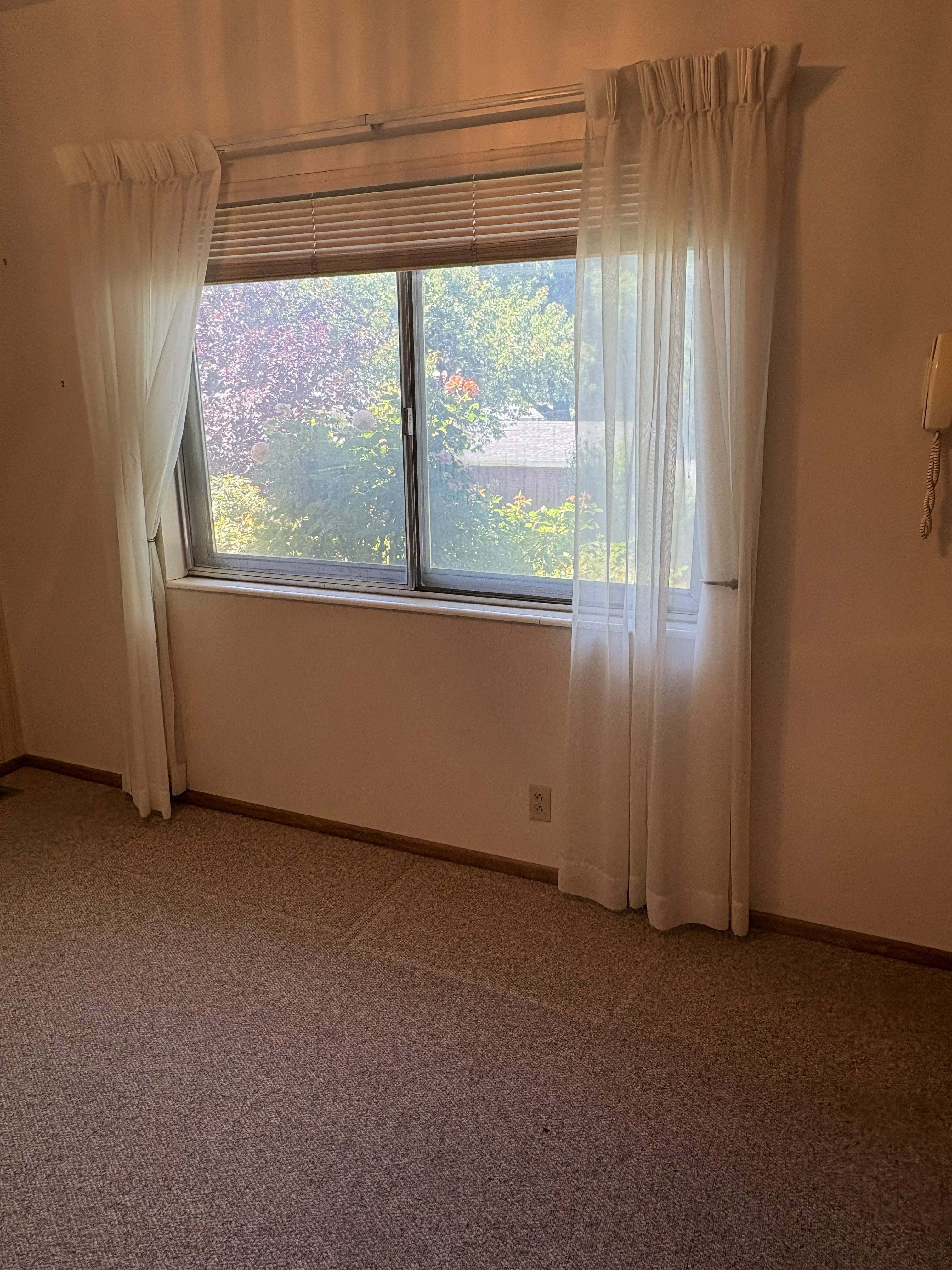 Sliding window unit with horizontal blinds and sheer drapery