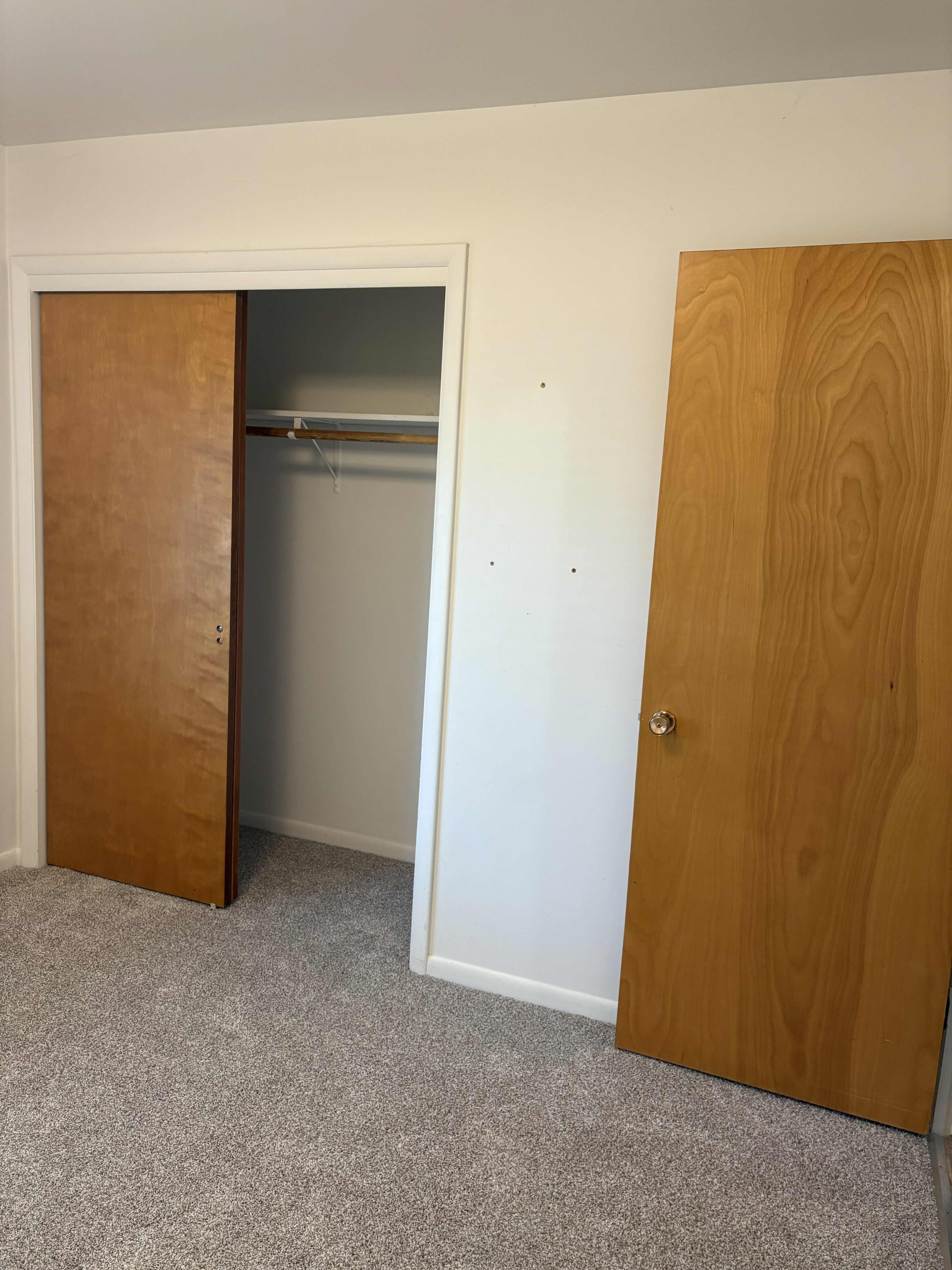 Closet area featuring a sliding wood-panel door, built-in rod, and neutral-toned carpeting throughout