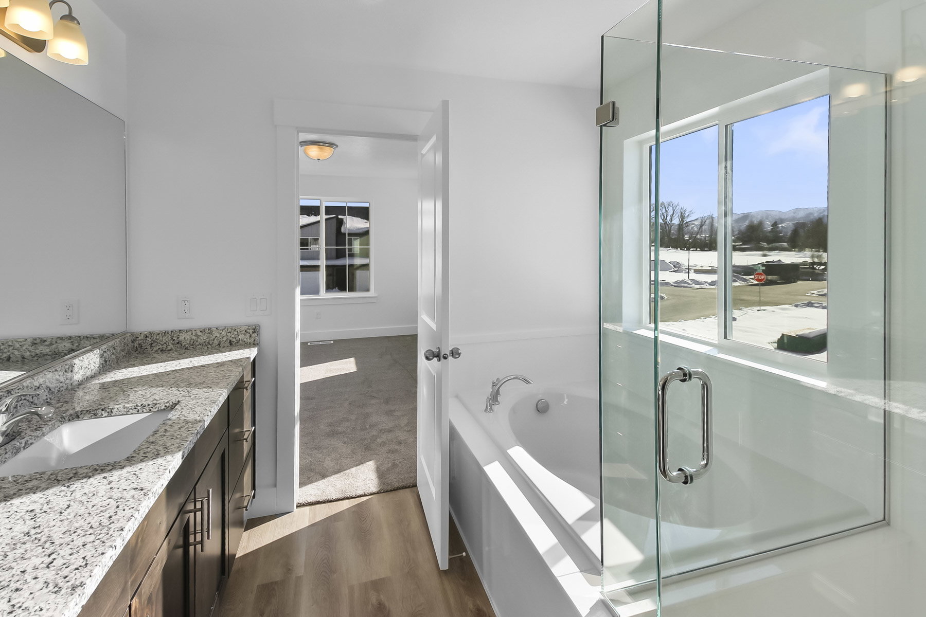 Full bathroom with vanity, dark wood-style floors, a shower stall, a garden tub, and dark carpet