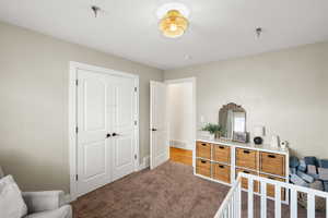 Carpeted bedroom featuring a closet