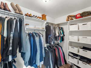 Walk in closet featuring dark colored carpet