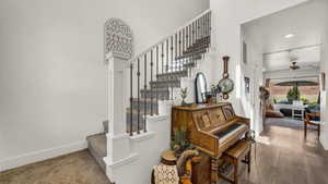 Staircase featuring ceiling fan and a high ceiling