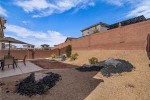 Fenced backyard featuring a patio area and outdoor dining space
