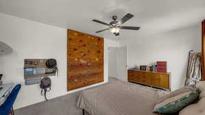 Bedroom featuring carpet flooring and ceiling fan