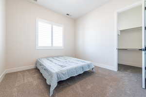 Bedroom featuring a walk in closet and carpet floors