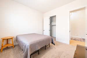 Bedroom featuring a spacious closet and light colored carpet