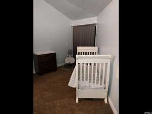 Bedroom with a crib and dark carpet