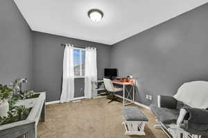 Office area with light carpet and baseboards