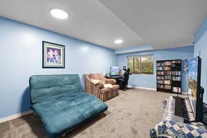 Living area  with carpet flooring and an office area