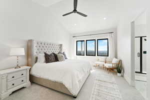 Bedroom featuring vaulted ceiling, light colored carpet, ceiling fan, and recessed lighting