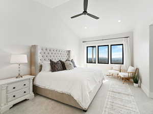 Bedroom featuring vaulted ceiling, light colored carpet, ceiling fan, and recessed lighting