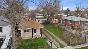 View of front of house featuring a fenced front yard, covered porch, a residential view, and roof with shingles
