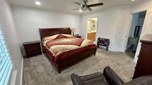 Bedroom with crown molding, carpet, ceiling fan, and recessed lighting