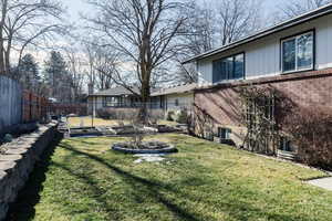 Fenced backyard featuring a vegetable garden