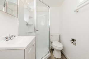 Full bath with vanity, a stall shower, and dark wood finished floors