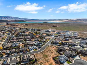 Aerial perspective of suburban area featuring a water and mountain view