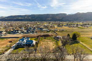 Aerial view of residential area with mountains