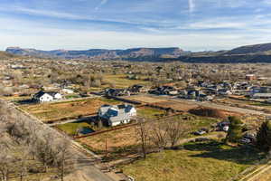Aerial view of residential area with mountains