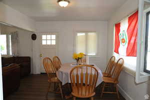 Dining room with plenty of natural light and dark wood-style floors