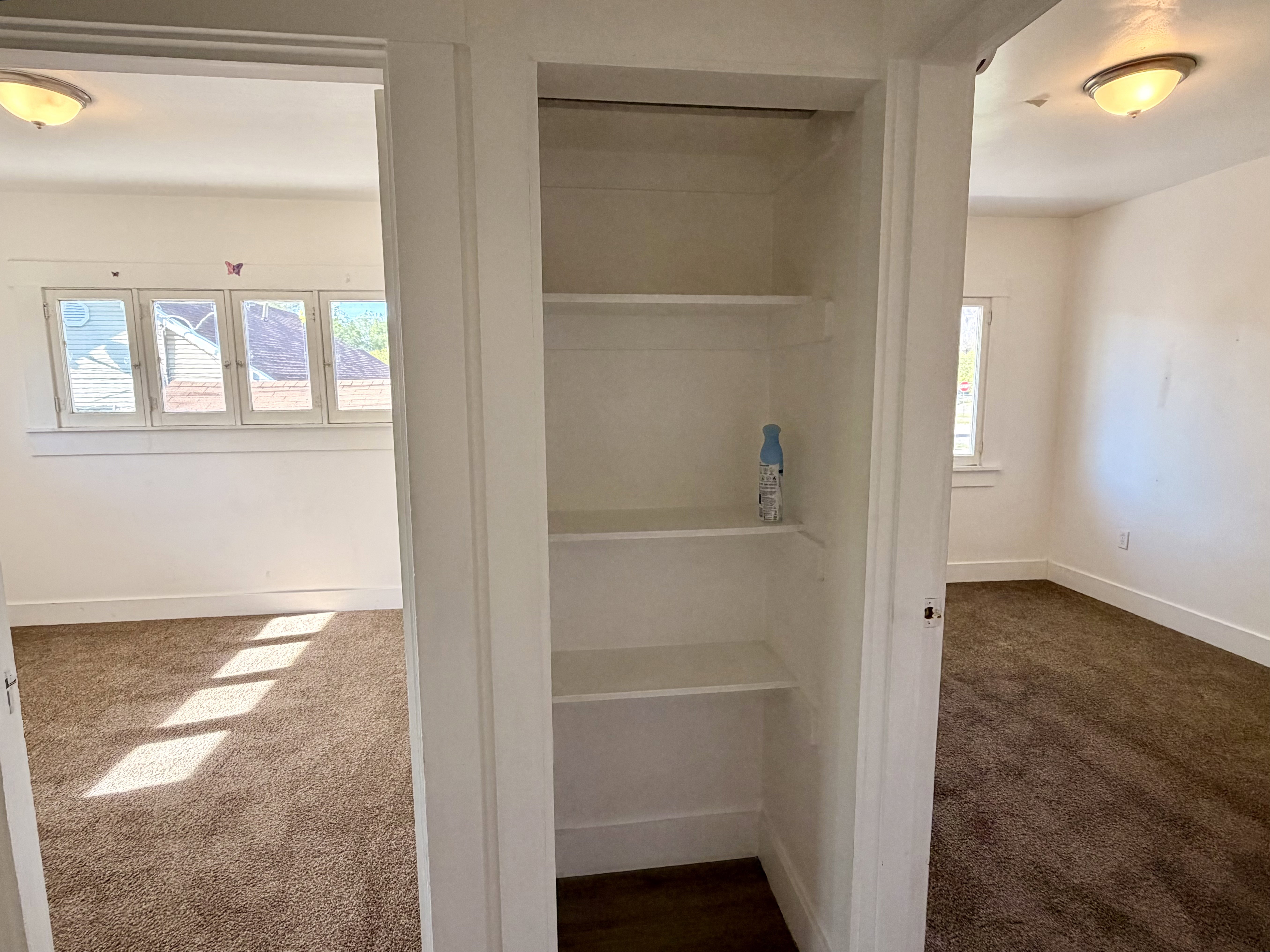 Central built-in shelving unit providing storage