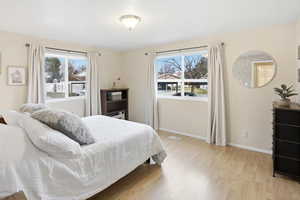 Primary bedroom with light wood finished floors and multiple windows