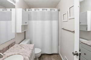 Full bath with vanity, a shower with curtain, and a textured ceiling