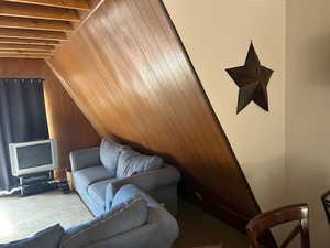 Living room with wooden walls and lofted ceiling
