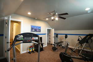 Large upstairs bonus room currently being used as an exercise room with recessed lighting, ceiling fan and closet. Can be used as a bedroom.