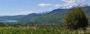 View of mountain backdrop featuring a large body of water