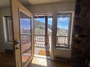 Entryway with a baseboard radiator, a baseboard heating unit, wood finished floors, and a mountain view