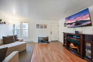Living room with light wood-style floors, a warm lit fireplace, and a baseboard heating unit