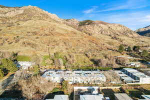 Drone / aerial view of a mountainous background