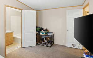 Bedroom featuring light colored carpet, ornamental molding, and ensuite bathroom