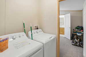 Laundry area with light colored carpet and washer and dryer